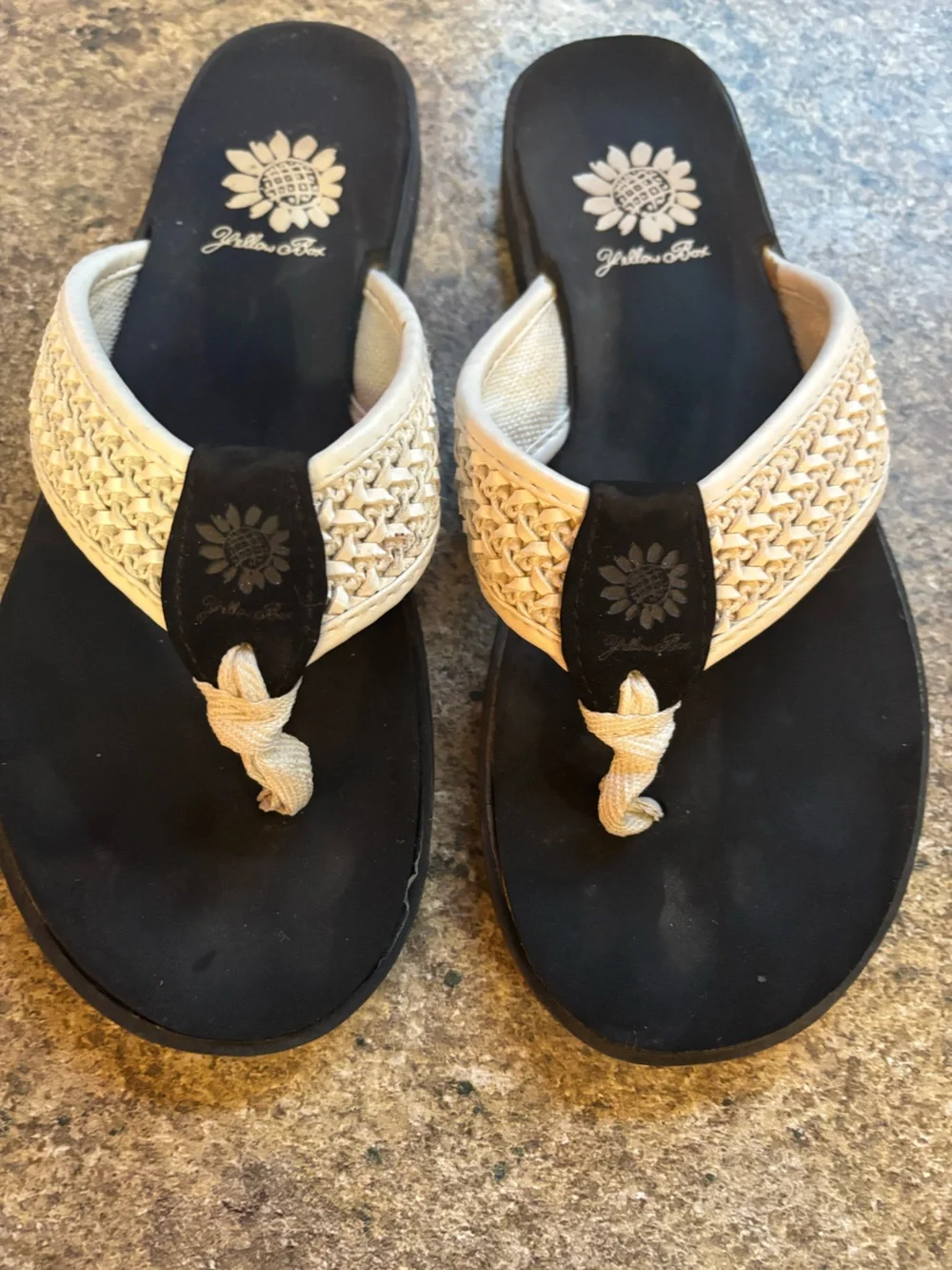 Yellow Box Black Footbed Woven Cream Strap Flip Flops - Picture 1 of 3
